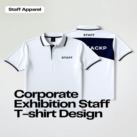 清潔感のあるコーポレートカラーの展示会スタッフTシャツ