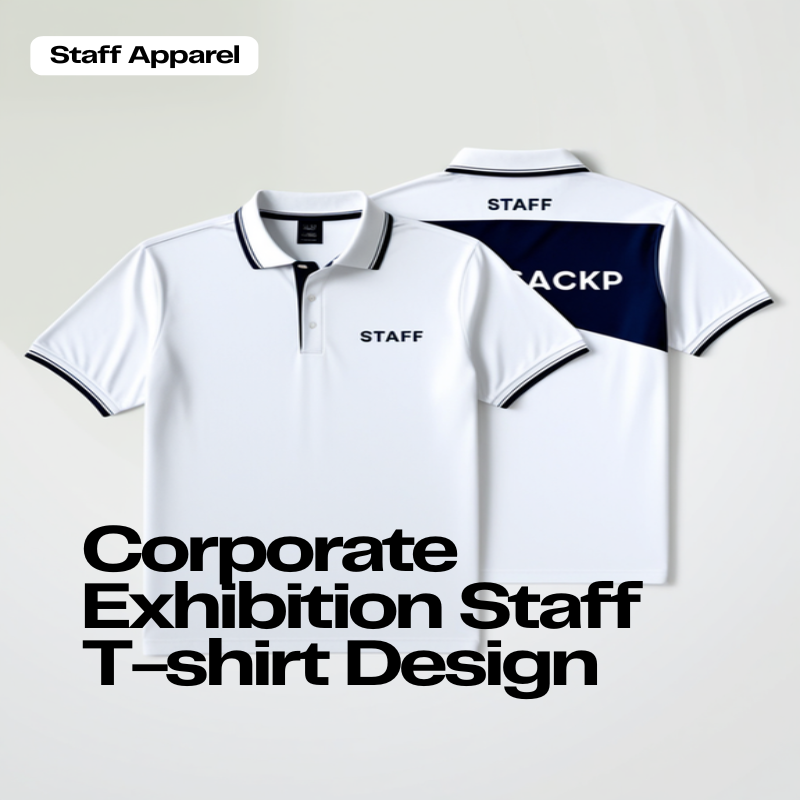 清潔感のあるコーポレートカラーの展示会スタッフTシャツ